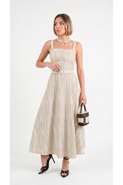Caddebostan Moda Belted Strap Double-Breasted Patterned Midi Length Women's D...