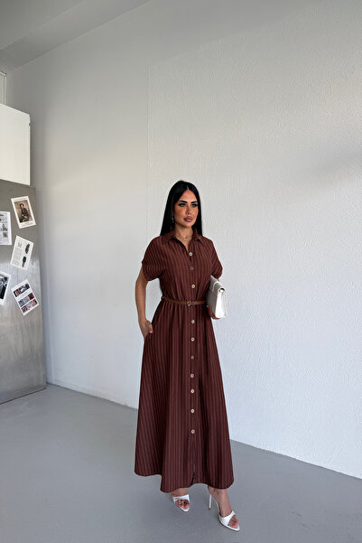 KAMACI BUTİK Thin Belted Striped Shirt Dress