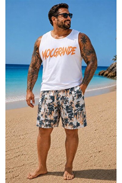 MocGrande Men's Large Size Swim Shorts Printed 26610 White
