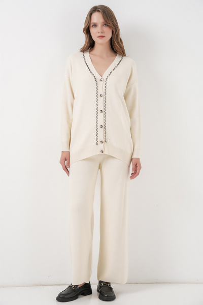 Merterium Women's Cardigan Pants Knitwear Double Set - Ecru 1399