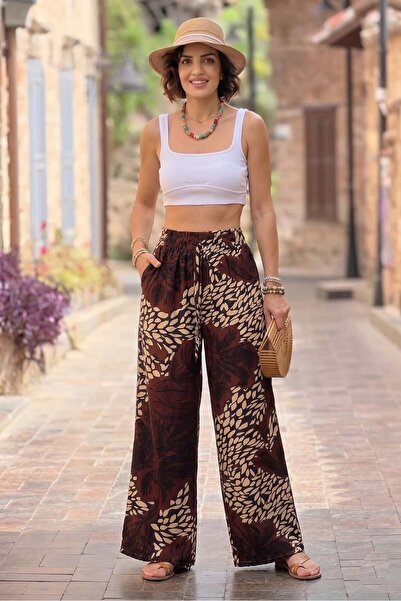 Nevin Kaya Moda Fusta-pantalon cu imprimeu tropical burgundy