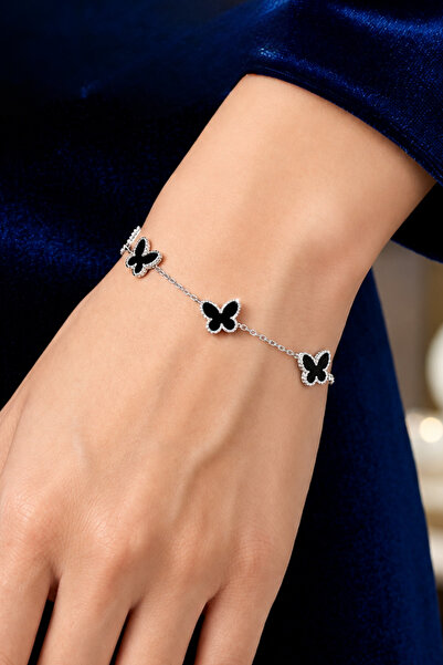 İyyaKee Women's Stainless Steel Butterfly Bracelet with Black Stone Elegant S...