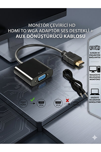 BRMK STORE Monitor Çevirici Hd Hdmı To Vga Wga Adaptör Ses Destekli + Aux Dön...