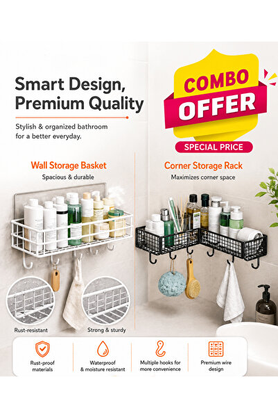 TSUMAB 2PCS Combo Bathroom Organizer Set Adhesive Shower Caddy & Corner Stora...
