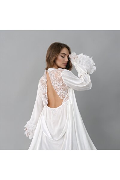 VELVIA Satin Robe with Lace Back and Feather Trim