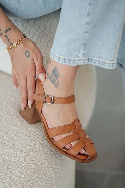 Parponi Delmar caged closed-toe genuine leather heeled sandals - tan