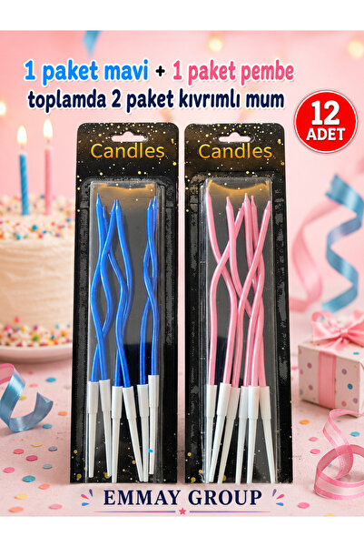 Orca Süs Kıvrımlı MAVİ & PEMBE Pasta Mumu 2 Paket (Toplam 12 Adet) – 15 cm Şı...