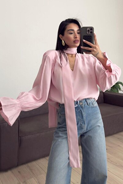 Berymery Kendinden Fularlı Pembe Gömlek
