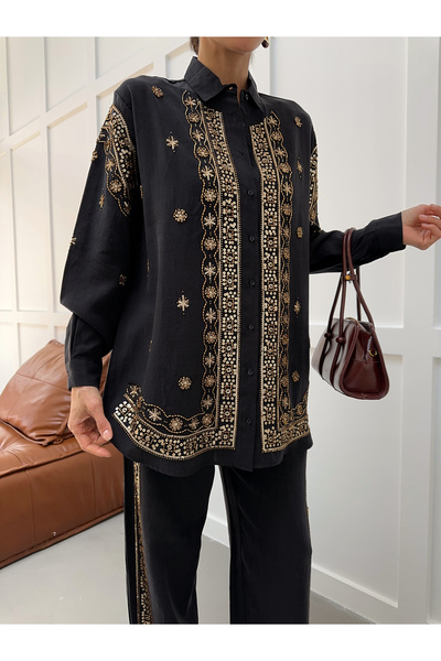 MİA NOURA Women's Oversize Shirt with Embroidered Front and Sleeves, Beaded Work