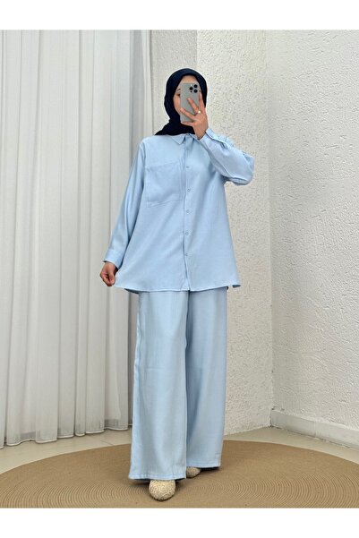 MİHRA STORE Yamaç Single Pocket Oversize Trouser Suit-Zi̇2232 Baby Blue