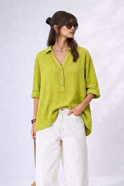 CES.İZ Women's Piece Painting Muslin Shirt with Washed Effect Oversize Loose ...
