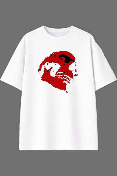 VSRN Tricou alb oversize cu imprimeu frontal cu design înfricoșător cu schelet