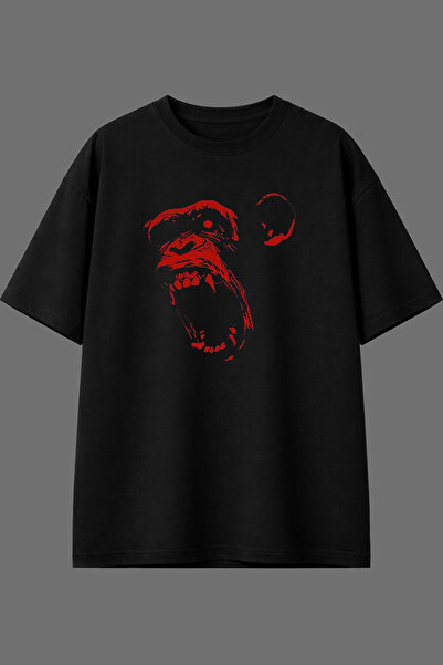 VSRN تي شيرت أسود كبير الحجم بتصميم Angry Monkey مطبوع من الأمام
