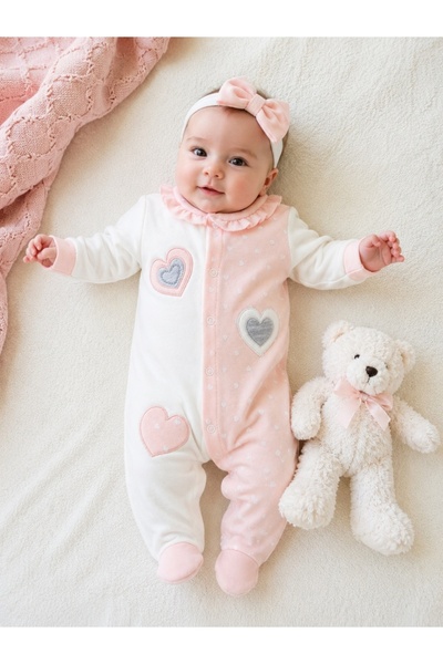 Pure Boutique Baby girl's pink and white jumpsuit with headband and hearts ma...