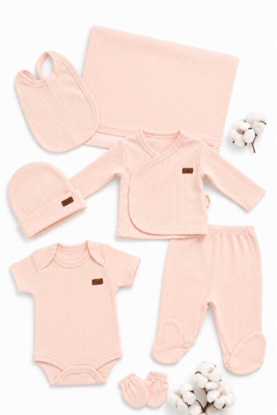 Pure Boutique Set bebe nou nascut roz piersica 7 piese din bumbac ribat cu bo...