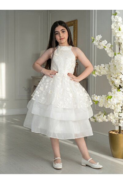 Generic Luxury Girls' Dress for Parties 3D Flower Embroidery White Girls' Dress