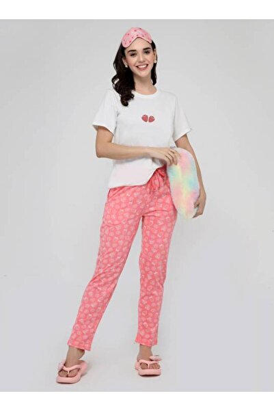 ParisBeauty BLUSH BERRIES PRINTED PYJAMA WITH OFF WHITE T-SHIRT SET - BLUSH B...