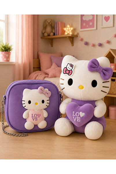 Toyzoy Toys Hello Kitty Mor Peluş Oyuncak 35cm + Deri Çanta – Şık Hediye Seti