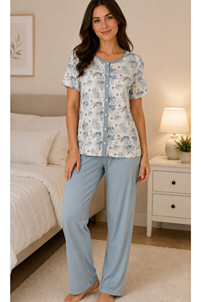 Nena - 24817 -Open Front Round Neck Short Sleeve 100% Cotton Pajama Set