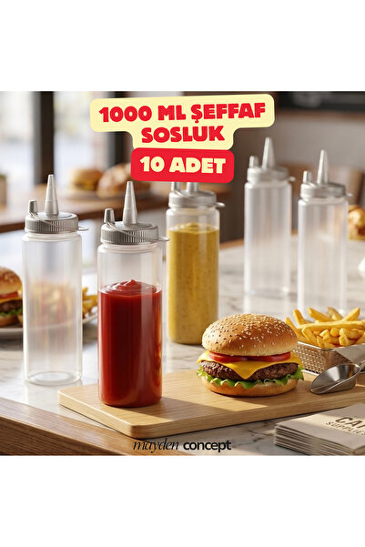 ZTF GLOBAL TRADE 1000 ml Kapaklı Şeffaf Sosluk 10 Adet - Profesyonel Mutfak S...