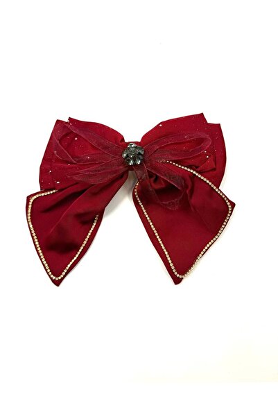 MD Moda Accessories مشبك شريط من الساتان بفيونكة كبيرة مزينة بحجر أحمر داكن
