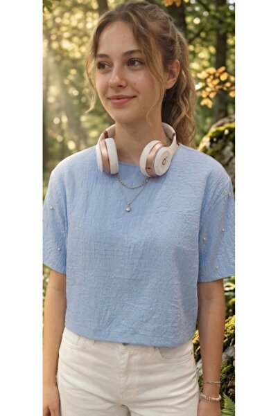 MODA Blue sleeves, stone crinkle, soft flowing short crop blouse