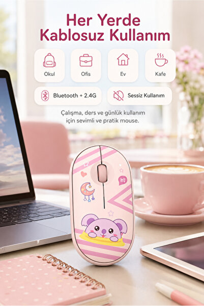 Zilvana Çift Mod Bluetooth 2.4G Kablosuz Pembe Desenli Sessiz Optik Mouse