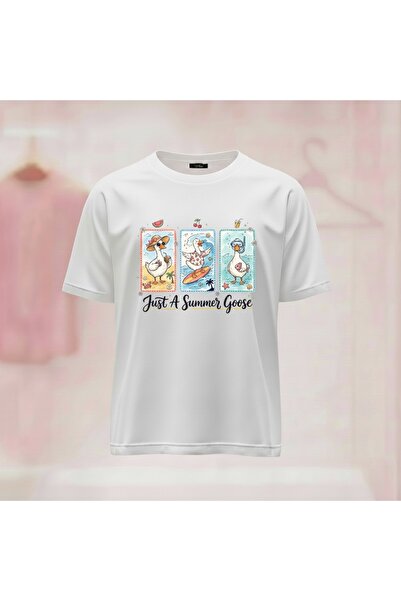 Vordevia Tricou unisex cu imprimeu Just A Summer Goose, cu guler rotund și cr...
