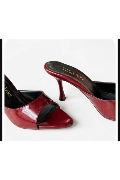 yıldızpark Burgundy Patent Leather 7 cm Heel Women's Slippers