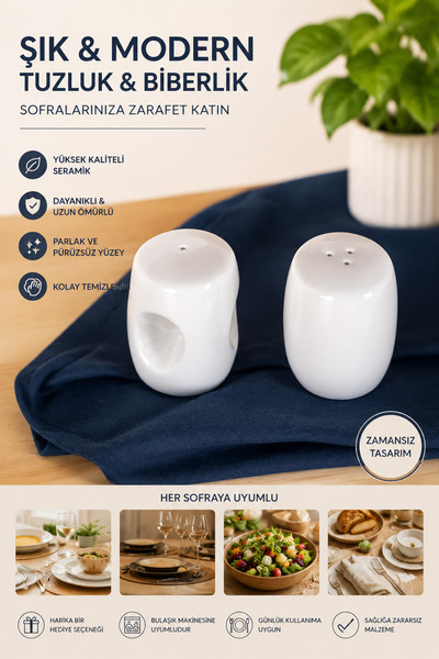 PERLAEVKAHVE Porcelain Minimal Salt and Pepper Shaker Set White Modern Design...