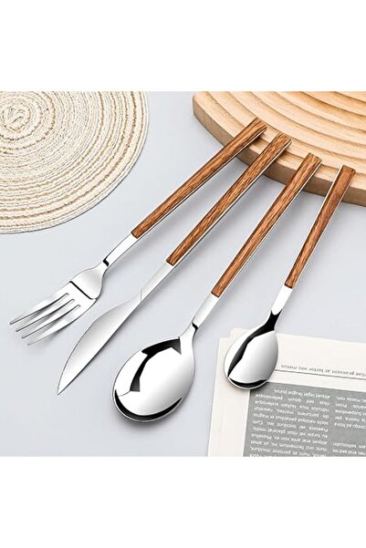 Arabest 16-Piece Stainless Steel Flatware Set for 4, Simulated Wooden Handle ...