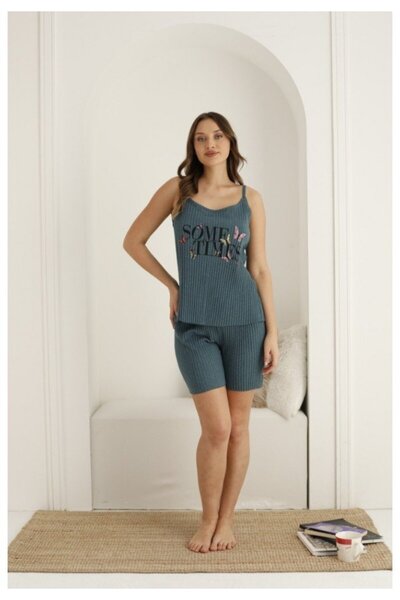 lindros Women's pajamas, short sleeves and shorts, blue color, "Some Times" p...
