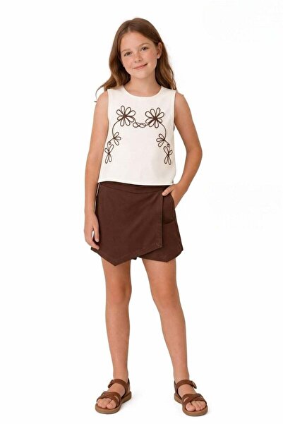 nk kids Girl's 8-14 Years Embroidered Tencel Double Shorts Set Cream-Brown