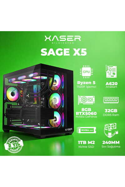 XASER Sage X5 Ryzen 5 7500F 32GB DDR5 Ram 1TB M.2 NVMe SSD 8GB RTX5060 Sıvı S...