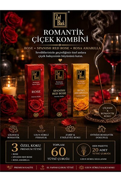 Romantik Çiçek Kombini Tütsü Seti – Rose, Spanish Red Rose, Rosa Amarilla | 60 Adet Premium Tütsü Çubuğu