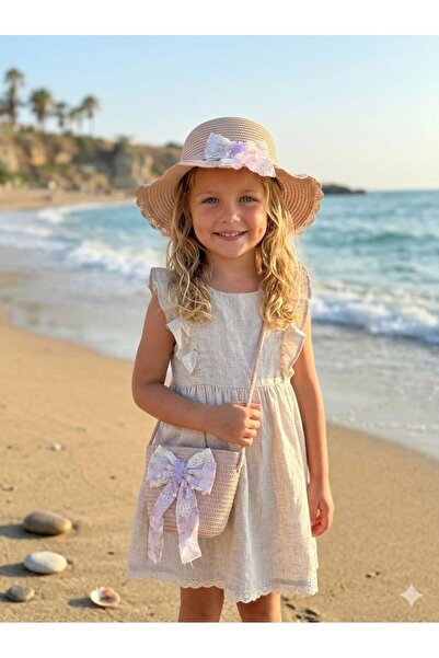 Trend Şapka 19053 Straw Hat and Bag Set with Pink Bow Accessories