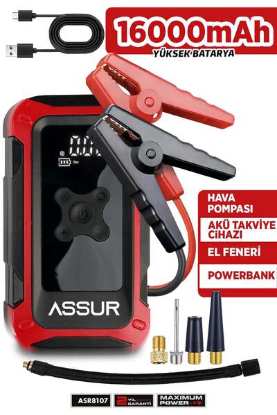 ASSUR 4'ü 1 Arada Dijital Göstergeli | Powerbank | Led Fener | Şarjlı Akü Tak...