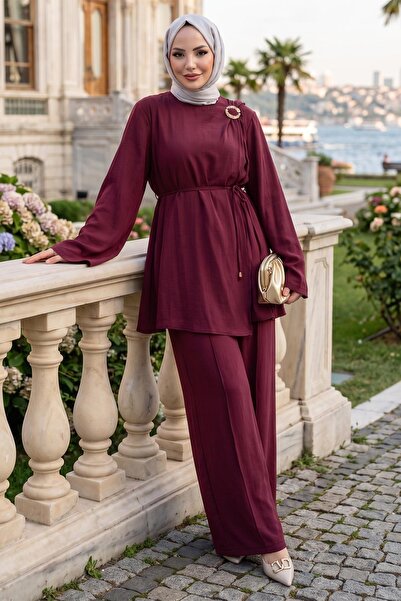 hafsamina Shoulder Buckle Detailed Modal Suit Burgundy Hm2919