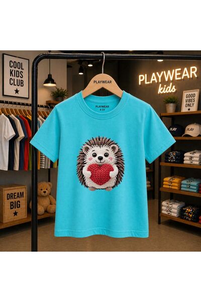 playwear Hedgehog Heart Printed 100% Kids Unisex T-Shirt 5 6 -7 8-9 10 -11 12...