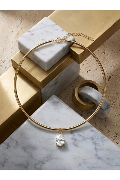 DALİ aksesuar Kadın Gold Renk Damla Zirkon Taşlı Halka Choker Çelik Kolye 38 cm