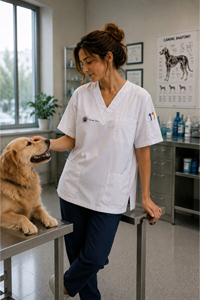 mirach Women's Vet Name Embroidered White Surgical Uniform Top with Paws Medi...