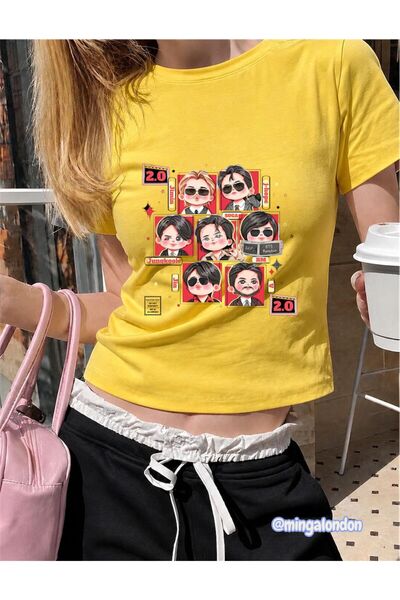 Minga London Cartoon Small Heads Printed Yellow Color Belt Boy Crop