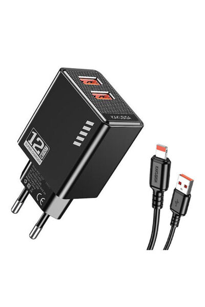 KAKUSİGA Φορτιστής με 2 θύρες USB-A και καλώδιο Lightning 12W Μαύρο (KSC-1238)