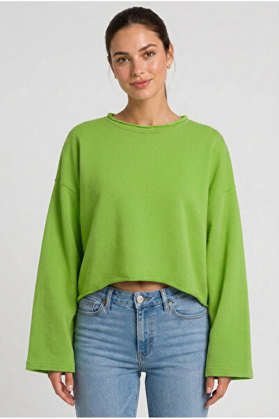 Tisho Kadın Oversize Crop Sweatshirt %100 Pamuk - Tek Beden - Fıstık Yeşili