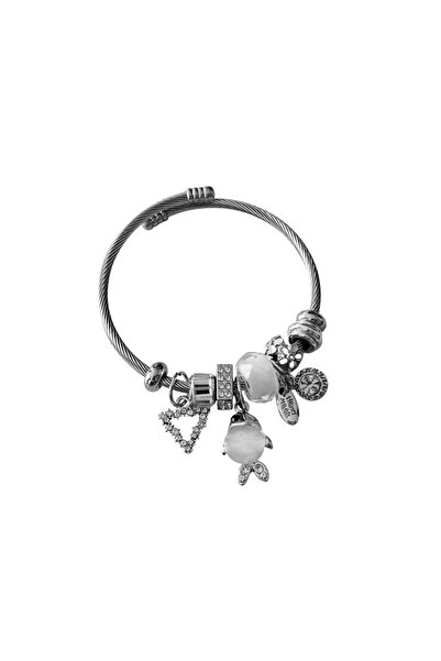 Sibelya Aksesuar Charmlı Women's Bracelet with Fish Figure and Stones, Silver...