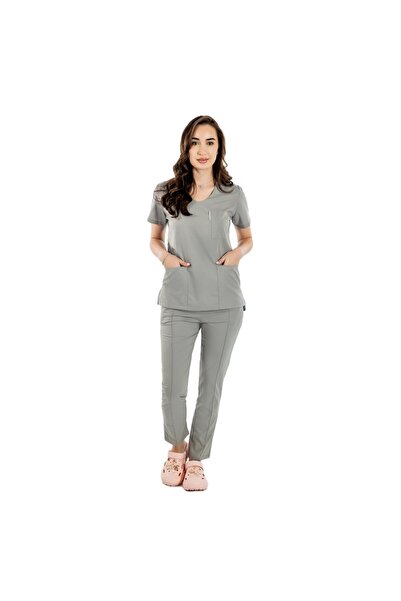 RUNI Costum medical stretch gri cu bluza in V si pantaloni cu snur si elastic