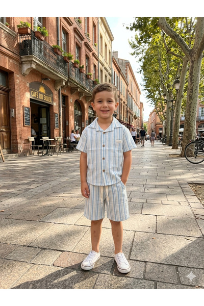 WİKİBOOM Thick Striped Collar Shirt and Shorts Summer Boys' Set