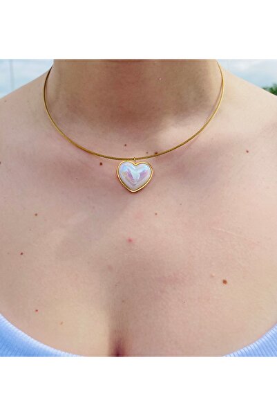 milayk Steel Gold Necklace with White Heart Figure