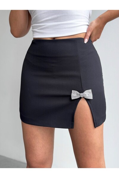CrepTekstil Crep Women's Stone Bow Detailed Slit Double Fabric Mini Skirt Black