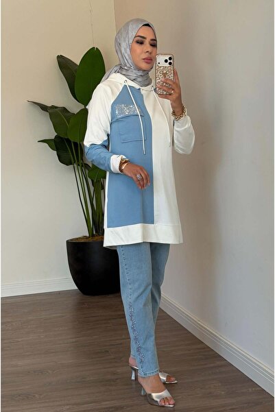 Moodbasic Cebi Taşlı Kapüşonlu Tunik - Mavi